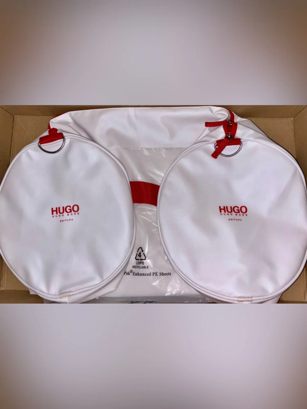NWT Hugo Boss White Leatherette Canvas Duffel with Red Straps